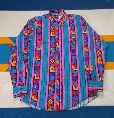 Vintage Wrangler Brushpopper Western Cowboy Shirt Aztec Southwestern Size 17-35 - Image 1 of 4