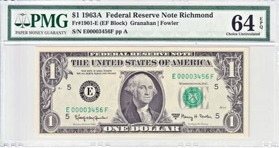 1963-A $1 FRN PMG 64EPQ Fancy PARTIAL LADDER LOW 4 DIGIT Serial #E00003456F - Image 1 of 2