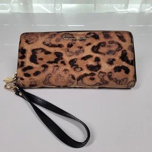 Michael Kors Jet Set Calf Hair Leather Wristlet Wallet Zip Around Leopard Clutch - Picture 1 of 14