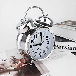 Silent Alarm Clock Double Bell Loud Retro Mechanical Bedside With Night Light - Picture 1 of 15