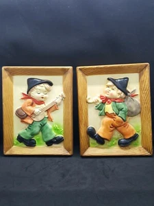 Vintage Napco Keramik Wandtafeln 2er Set Junge Hobo Sack Banjo 8 x 6" sehr süß - Bild 1 von 12
