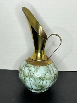 Delft Holland Brass & Marbled Robin Blue Hand Painted Pitcher/Vase VGT Gift  - Image 1 of 4