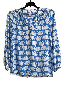 Lilly Pulitzer Small Tusk In Sun Elsa Silk Shirt Blue White Elephant Print - Picture 1 of 7