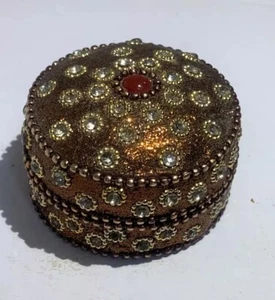 Tiny Trinket Box, Fabric Covered, Bejeweled, Brown - Picture 1 of 9
