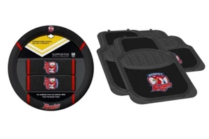 SET OF 2 SYDNEY ROOSTERS NRL CAR STEERING WHEEL COVER + 4 FLOOR MATS - Picture 1 of 3
