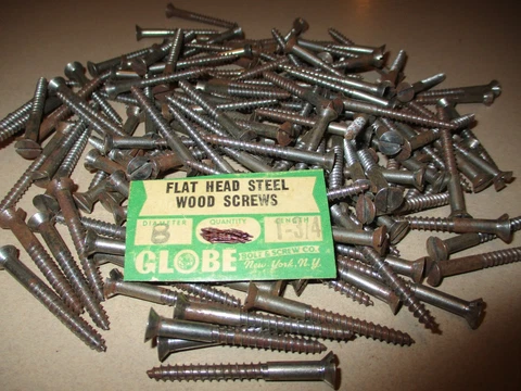 40 NEW-OLD STOCK, SLOTTED FLAT HEAD STEEL WOOD SCREWS, 1 3/4" LONG X #8 = 5/32" Cover