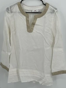Vineyard Vines Tunic Top Linen Medium Split V Neck Shirt Blouse Gold Long Sleeve - Picture 1 of 11
