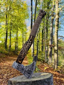 Wikinger Axt 52 Cm Eichenholz Griff 1095 Kohlenstoff Stahl Klinge Mit Schutz - Bild 1 von 12