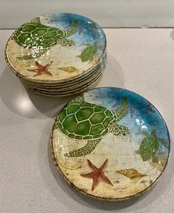 Pier 1 Speedy The Sea Turtle 9" Melamine Plates Set Of 8 Beach House Coastal - Picture 1 of 4