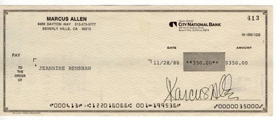 Marcus Allen Signed Autographed Bank Check Raiders RB Legend #413 JSA AM56273 - Image 1 of 3