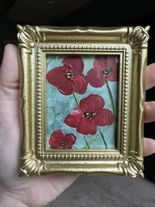 Roter Mohn, Blumen, süß, Original, Miniaturgemälde, klein, mini, gerahmt - Bild 1 von 9