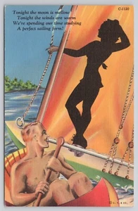 Postcard Man in Canoe Women in Silhouette Curt Teich Comic Humor 1933 - Picture 1 of 2