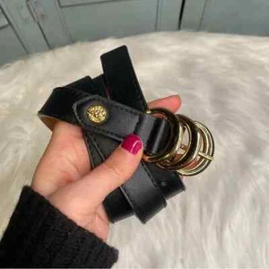 Anne Klein Black Skinny Faux Leather Triple Gold Buckle Ring Belt Size Large - Picture 1 of 8