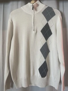 Oscar De La Renta 1/4 Zip White With Grey Argyle Designer Pullover Sweater L - Picture 1 of 24