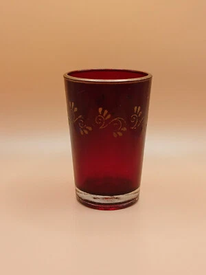 Antique Chezech Solid Ruby Red Glass Gold Painted Rim And Hand Painted 3 1/2 in - Image 1 of 4
