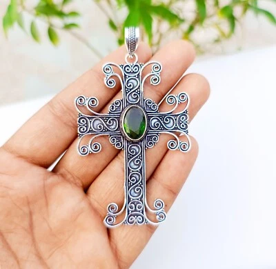 Green Topaz Cross Pendant 925 Sterling Silver Handmade Gemstone Jewelry 3.18" - Image 1 of 4