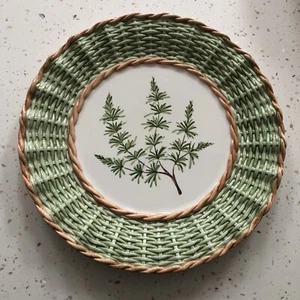 Vintage Basket Weave Serving Plate Botanical Design Green Brown Hand Painted - Picture 1 of 7