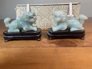 Vintage Pair Chinese Jadeite Jade Hand Carved Foo Dogs on Wood Stands - Picture 1 of 21