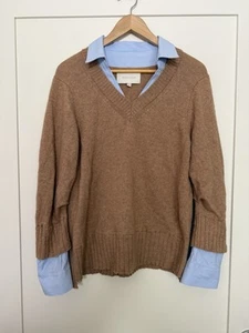 Camisa Suéter Brochu Walker Talla L Azul Camel Cuello en V Lana Cachemira Capa Base - Imagen 1 de 11
