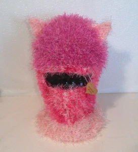Handgefertigte rosa flauschige Sturmhaube Katzenohr Mütze gehäkelt lässig Kapuze Maske Winter warm - Bild 1 von 4