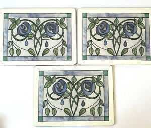 Set 3 Placemats Cork Backed Vntg Art Nouveau Blue Rose Debbie Halliday Pimpernel