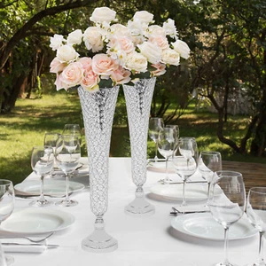 2 Pcs Modern Crystal Trumpet Flower Silver Stand Crystal Vase For Wedding Decor - Picture 1 of 16