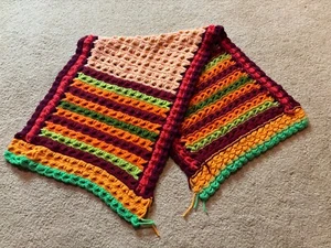 Vintage 70s Granny Knit Autumn Crochet Afghan Blanket TABLE RUNNER Stripe Boho - Picture 1 of 6