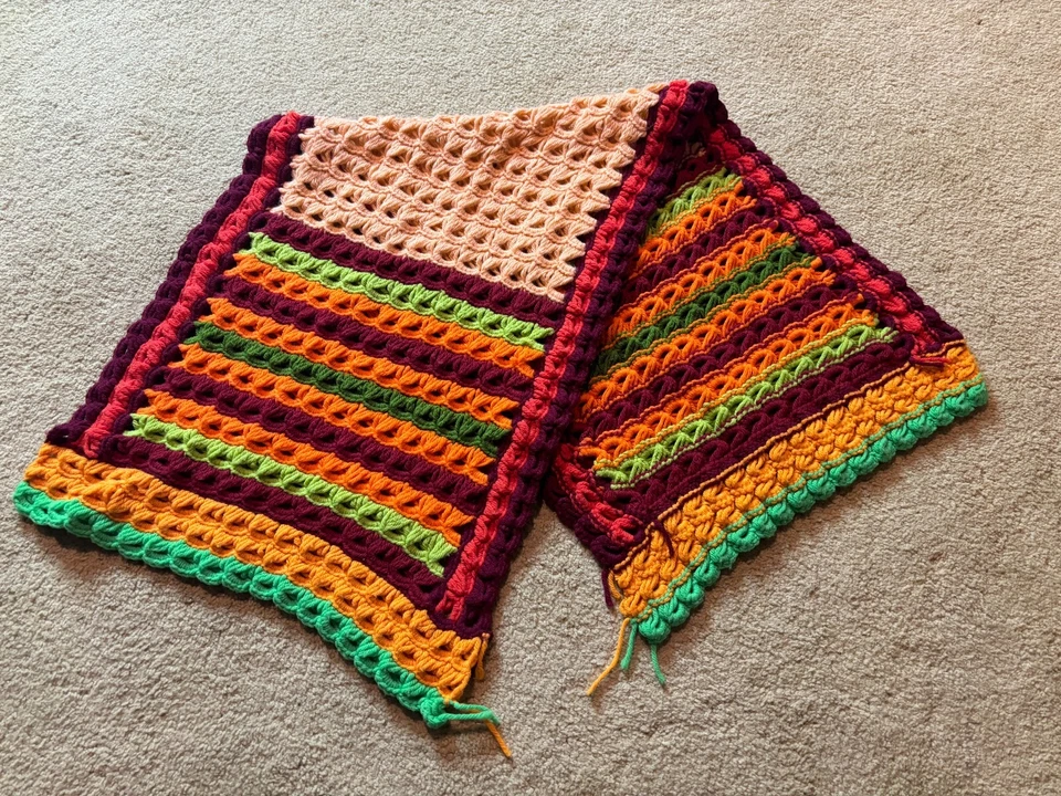 Vintage 70s Granny Knit Autumn Crochet Afghan Blanket TABLE RUNNER Stripe Boho - Image 1 of 4