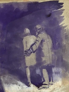 Beautiful Drawing Antique Jean Terles Couple Walking IN La Dark Paper 1930 - Picture 1 of 5