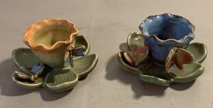 Vintage Pair of Lily Candle Holders Butterfly Dragonfly Ceramic Votives - Picture 1 of 5