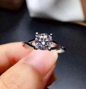 2Ct Round Cut Natural Moissanite Solitaire Engagement Ring 14k White Gold Plated - Picture 1 of 5