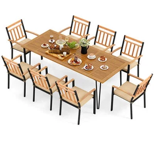 9 PCS Patio Dining Set w/ 8 Chairs Acacia Wood Table Top Umbrella Hole for Yard - Picture 1 of 7