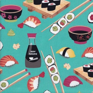 Sushi Chopsticks Japanese Food on Mint Green Quilting Fabric 1/2 Metre - Picture 1 of 1