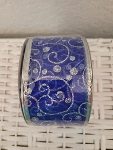 CELEBRATE IT 10-YD WIRED SHEER BLUE RIBBON WITH GLITTER SWIRLS 2.5 IN WIDE NEW - Picture 1 of 3