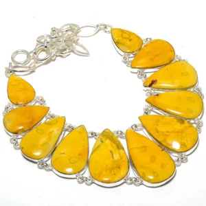 Yellow Mookaite Gemstone Silver Plated Statement Necklace Jewelry 18" - Picture 1 of 1