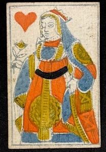 Queen of Hearts Woodblock Printed Antique Playing Cards Historic Painted Single - Picture 1 of 16