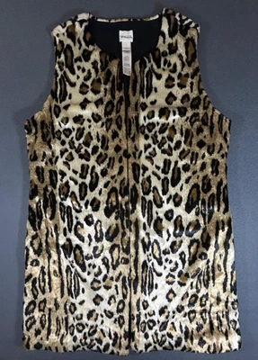 Chicos Vest Women'  Leopard Print Sleeveless Faux Fur Vest Size 1 Open  Front  - Image 1 of 4