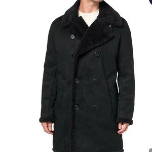 Guess Men's Black Pea Coat with FAUX Shearling INTERIOR AND Collar SIZE MEDIUM - Picture 1 of 7