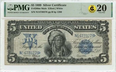 1899 $5 Silver Certificate Mule Blue Seal Fr# 280m PMG VF20 GCC Gold - Image 1 of 2