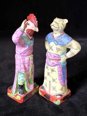 PAIR ZODIAC FIGURINES- CHINESE EXPORT FAMILLE ROSE PORCELAIN c1890 Rooster Tiger - Image 1 of 4