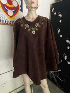 Vintage 70s Suede Leather Cape Poncho Embroidered Flowers Hippie Festival 60s - Picture 1 of 17