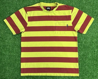 Футболка карманная Stussy красная и зеленая в полоску - негабаритная средняя (подходит большая) - Изображение 1 из 4