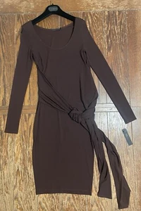 Donna Karan Black Label Wrap Dress Womens P Brown Bodycon Jersey Draped Ties NWT - Picture 1 of 17