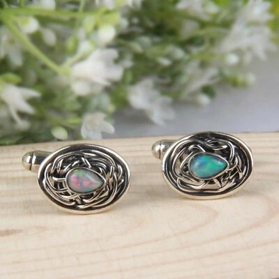 Camisa hecha a mano para hombre gemelos de ópalo plata de ley 925 piedras preciosas joyería Foto 1 de 4