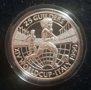 MDS SURINAME 25 FLORINES 1990 PP/PRUEBA ""XIV COPA MUNDIAL ITALIA 1990", PLATA - Imagen 1 de 2