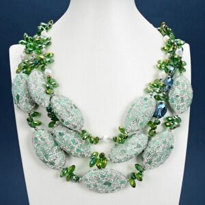 Huge 20'' 3 Rows Green Crystal Necklace Pave Green Aventurine Beads For Women