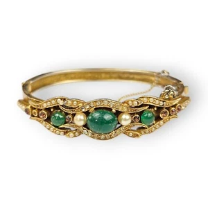 Victorian Revival Cuff Bracelet Ornate Faux Jade Seed Pearl Rhinestone Vtg FLAW - Picture 1 of 12