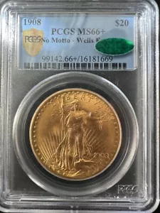 1908 $20 N/M Gold St Gaudens No Motto Wells Fargo PCGS MS66+ (CAC) SUPERB! - Picture 1 of 4