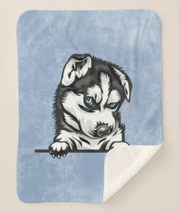 Siberian Husky Peeking Welpe Hund blau Sherpa Fleece Überwurfdecke - 3 Größen - Bild 1 von 4