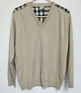 Burberry Mens Sweater sz L Beige & Custom Burberry Plaid  Elbow & Shoulder Patch - Picture 1 of 14